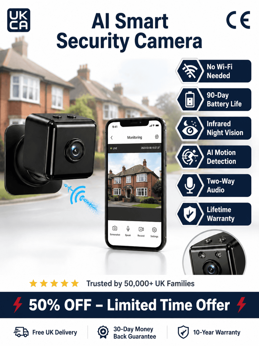 AI Smart Surveillance Camera: No Wires, No Wi-Fi, 90-Day Battery for Total Peace of Mind
