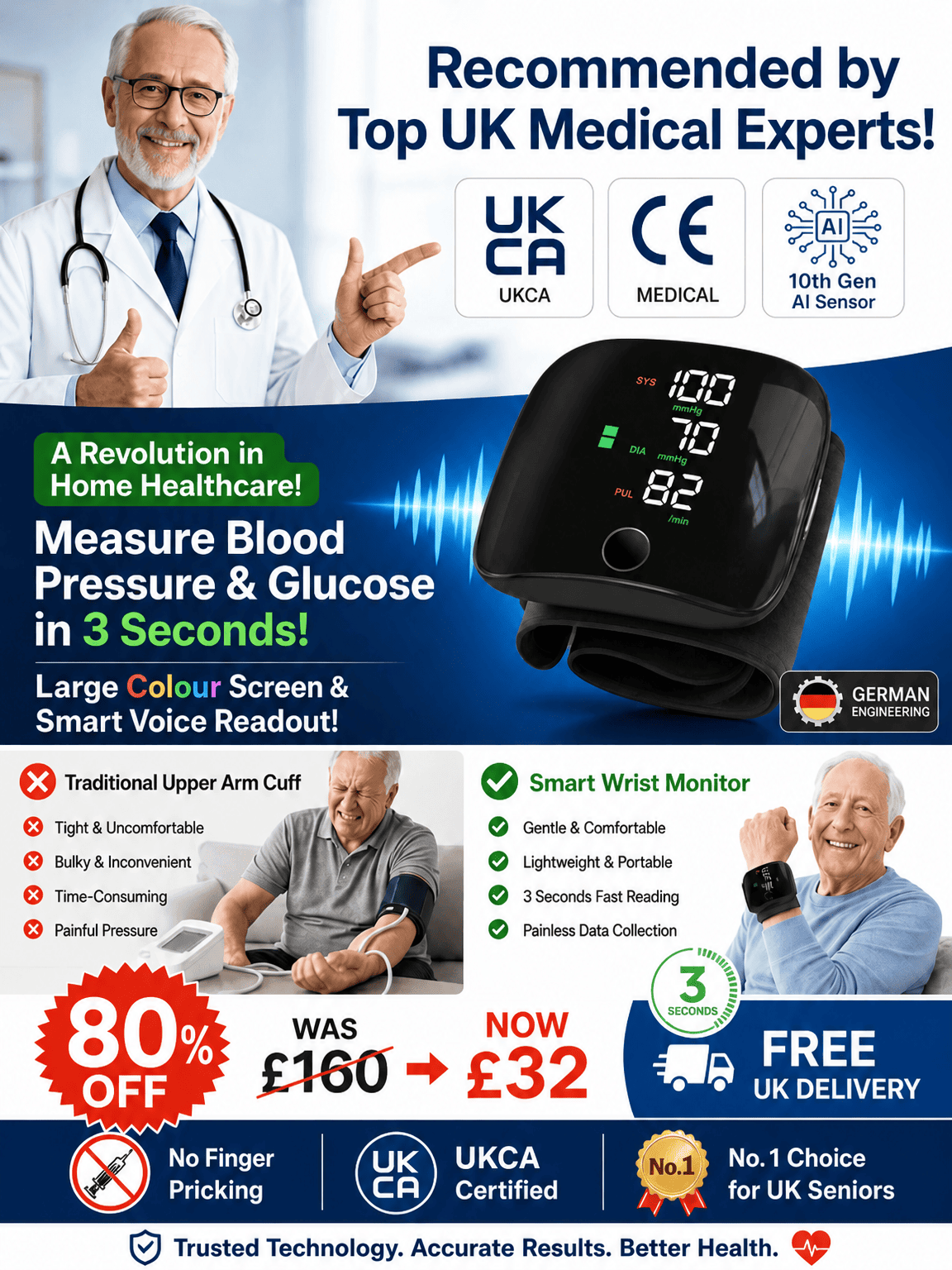Large Screen Digital Wrist Blood Pressure Meter with Voice Prompt