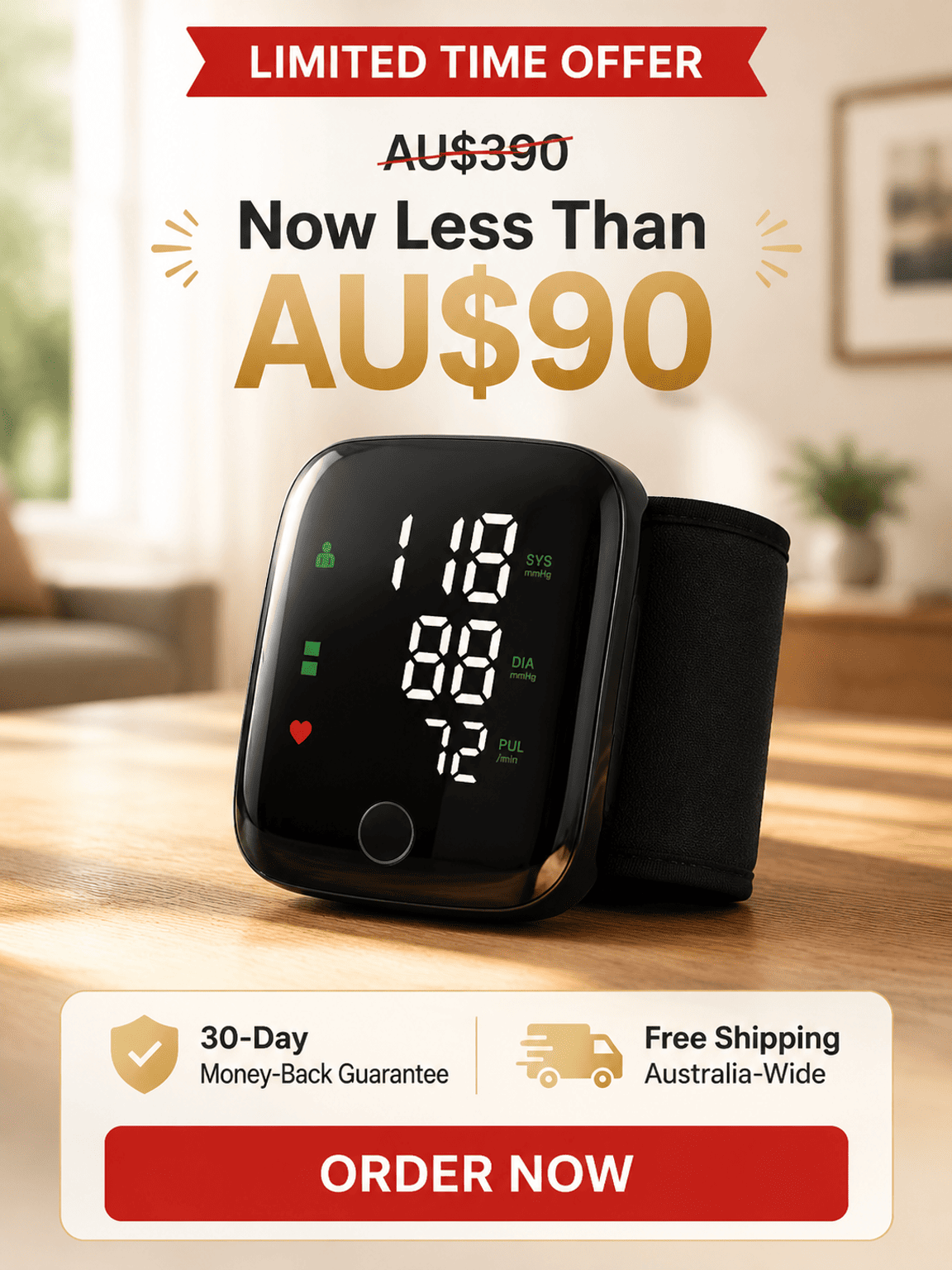 Large Screen Digital Wrist Blood Pressure Meter with Voice Prompt