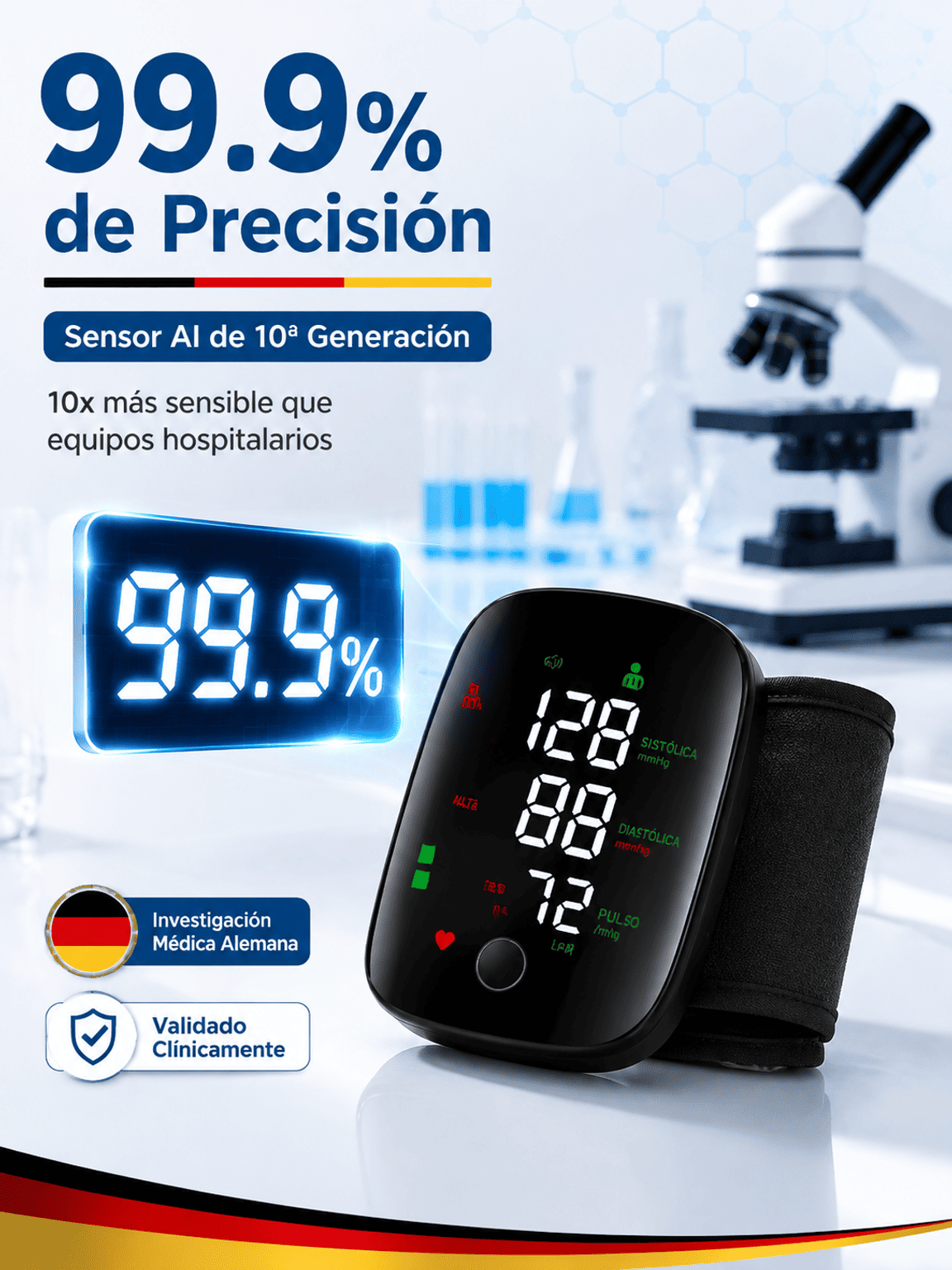 Tensiómetro electrónico de muñeca totalmente automático con pantalla grande y función de voz