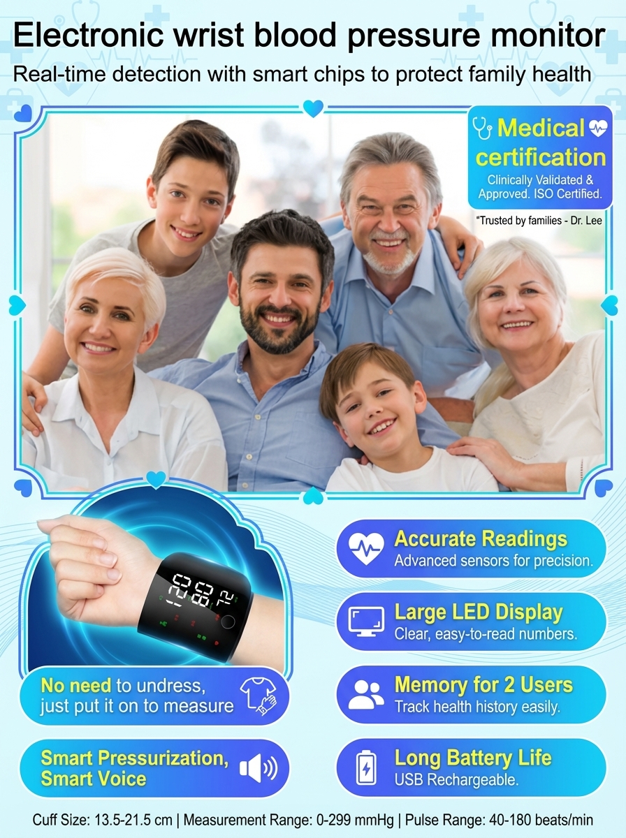 Large Screen Digital Wrist Blood Pressure Meter with Voice Prompt