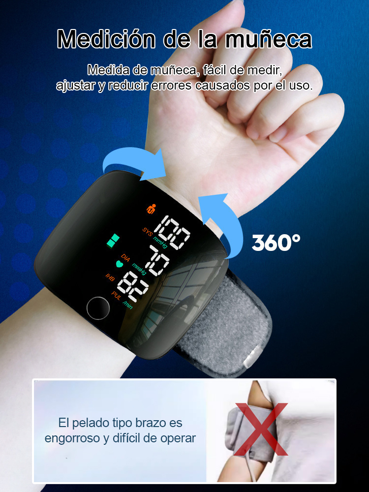 Tensiómetro electrónico de muñeca totalmente automático con pantalla grande y función de voz