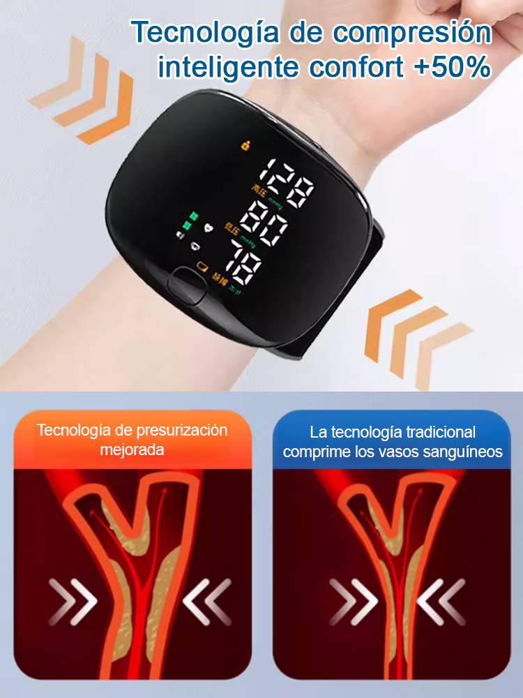 Tensiómetro electrónico de muñeca totalmente automático con pantalla grande y función de voz