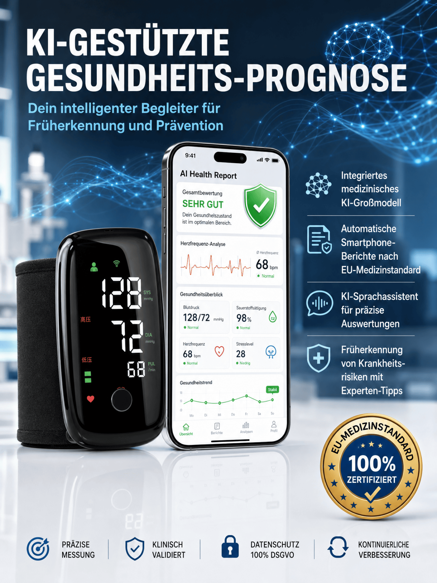 【Von Medizinern empfohlen】Neuester deutscher KI-Gesundheitsmonitor! Lebenslang kostenlos messen