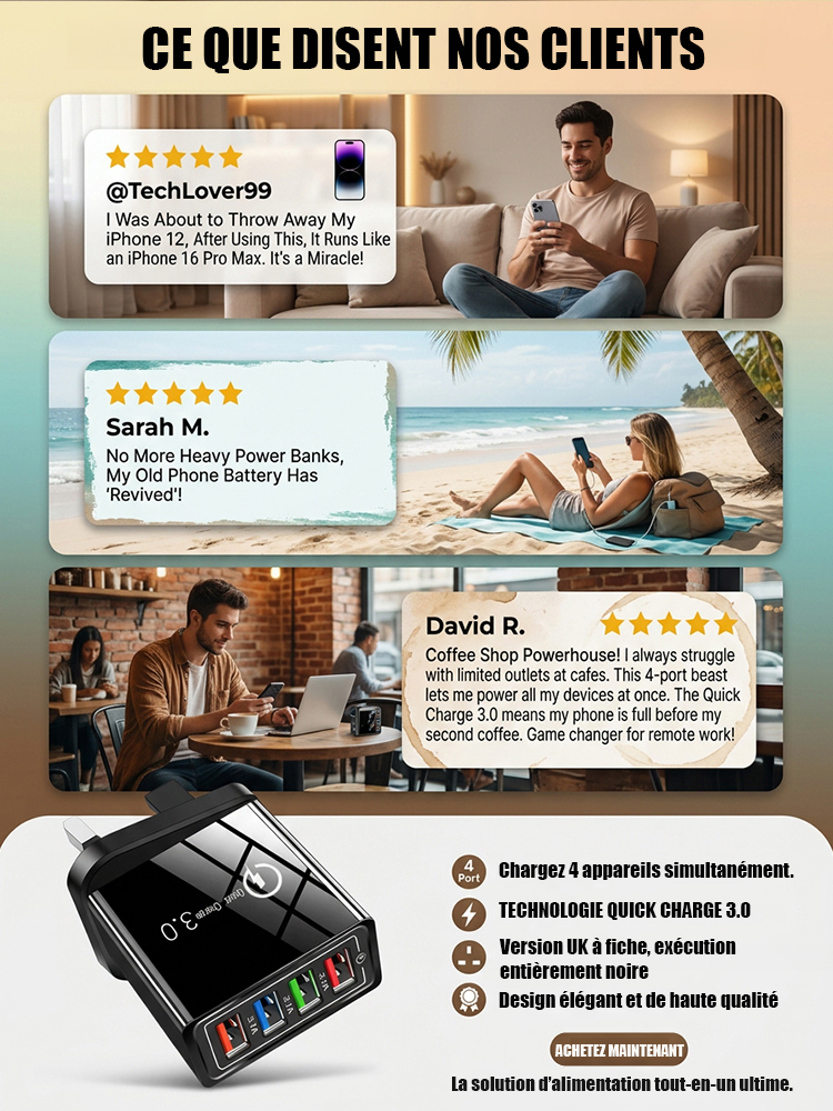 【Améliorer l'autonomie du téléphone】Chargeur de voyage à quatre ports