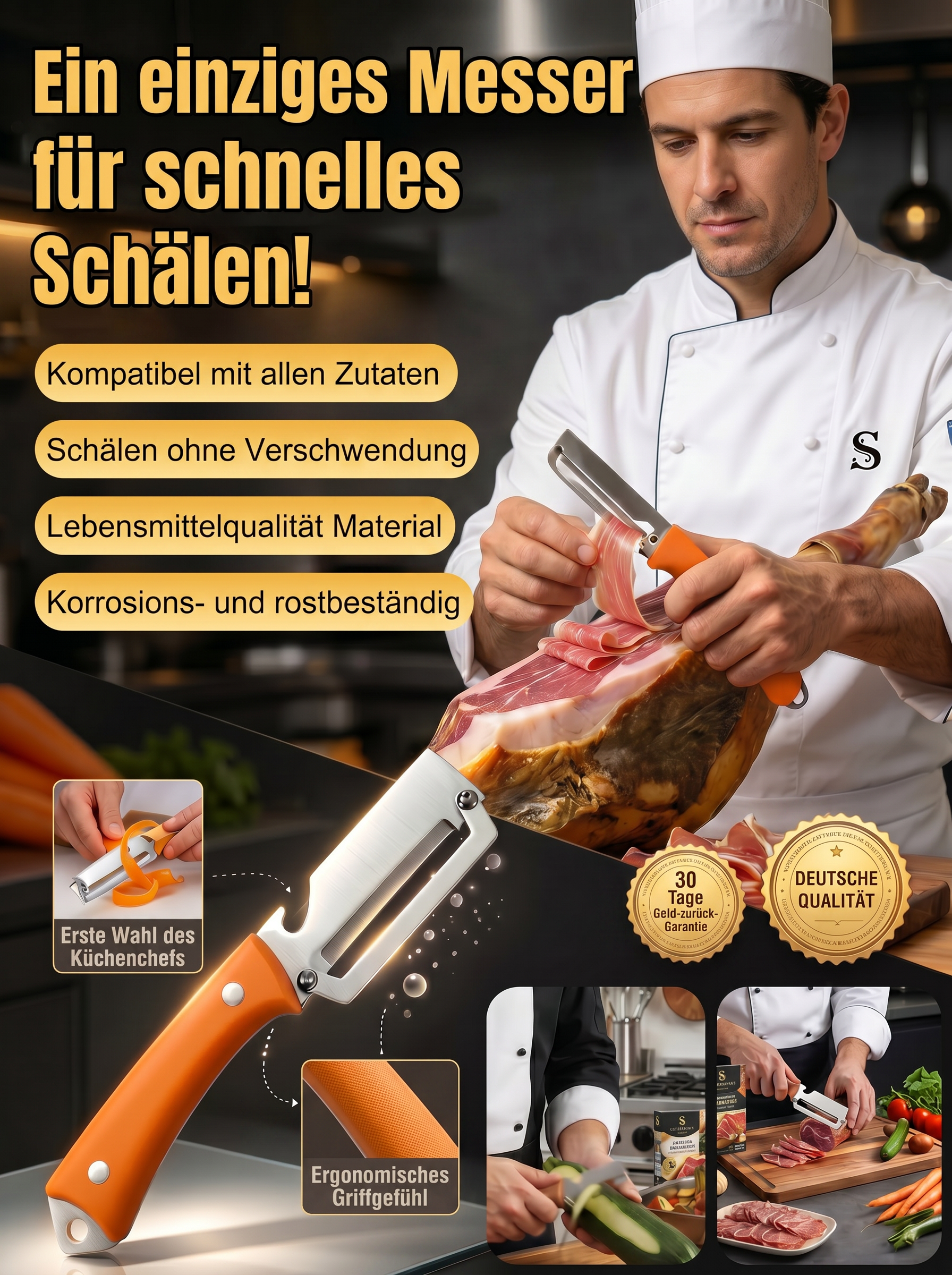 1 Sek. schälen ohne Klemmen! 100 Jahre scharf & rostfrei! 3-in-1 Schäler.