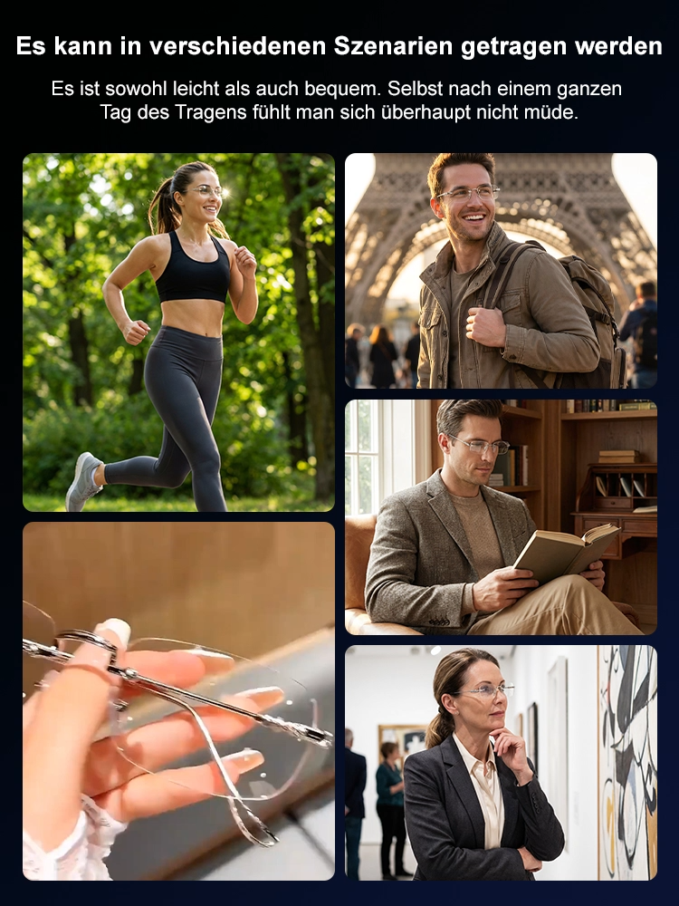 Fotosensible, farbwechselnde, ultraleichte randlose Lesebrille.