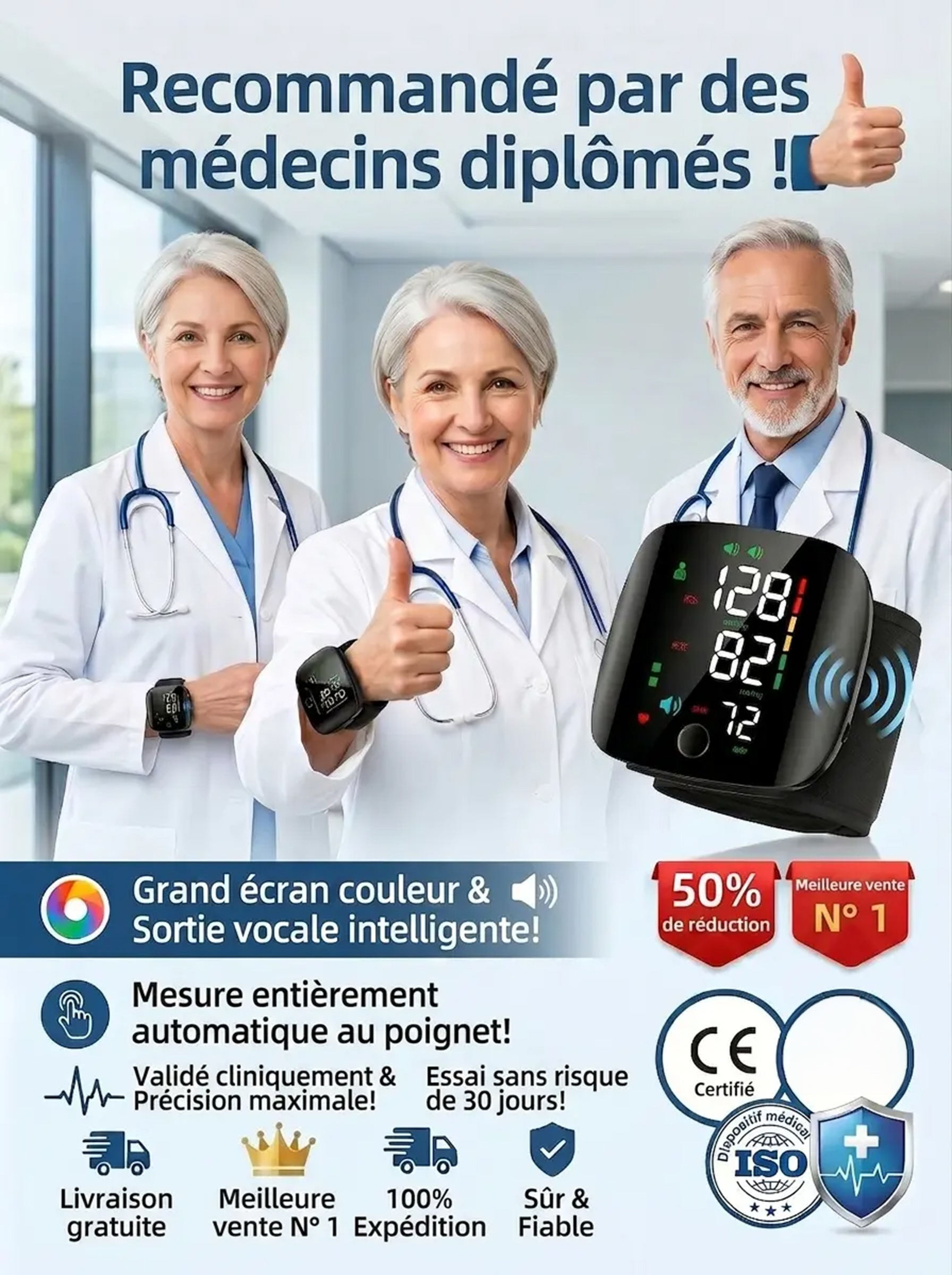 【Grand écran couleur vocal】Tensiomètre électronique automatique pour poignet