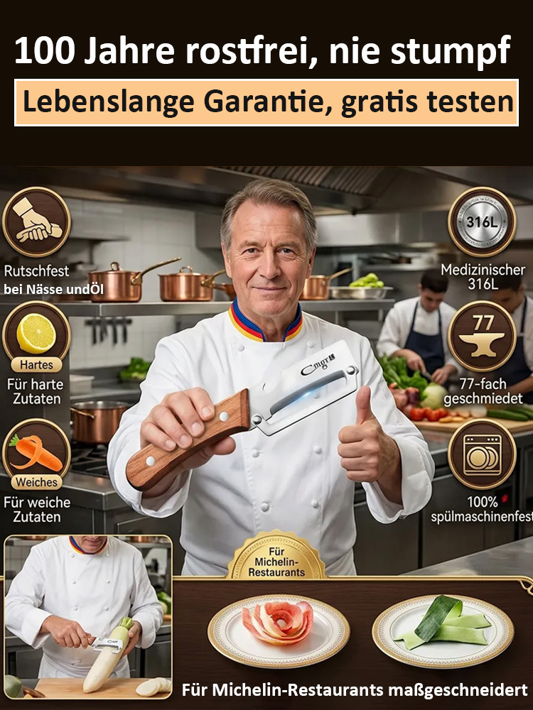 1 Sek. schälen ohne Klemmen! 100 Jahre scharf & rostfrei! 3-in-1 Schäler.