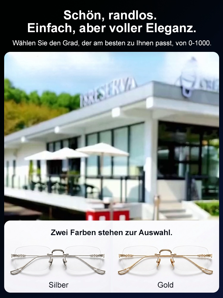 Fotosensible, farbwechselnde, ultraleichte randlose Lesebrille.