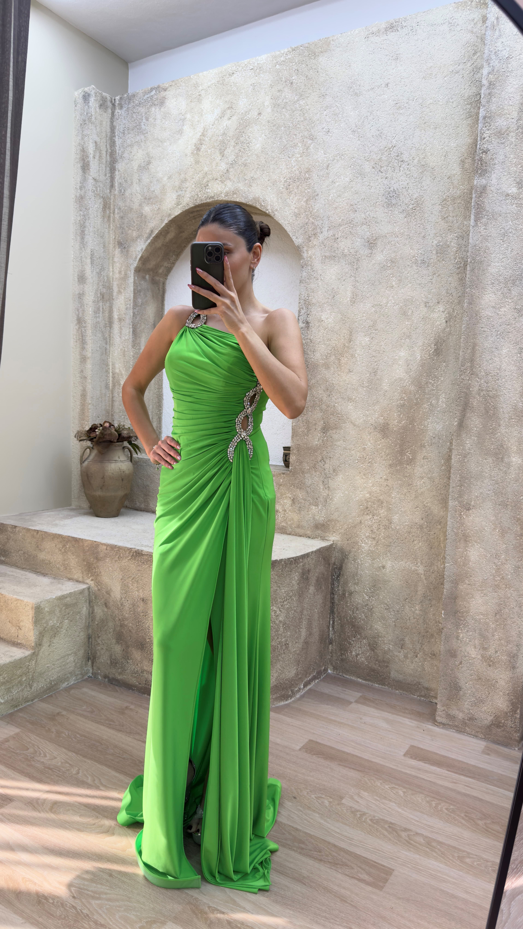 ONE SHOULDER WAIST DETAIL STONE EMBROIDERED DRAPED DESIGN EVENING DRESS