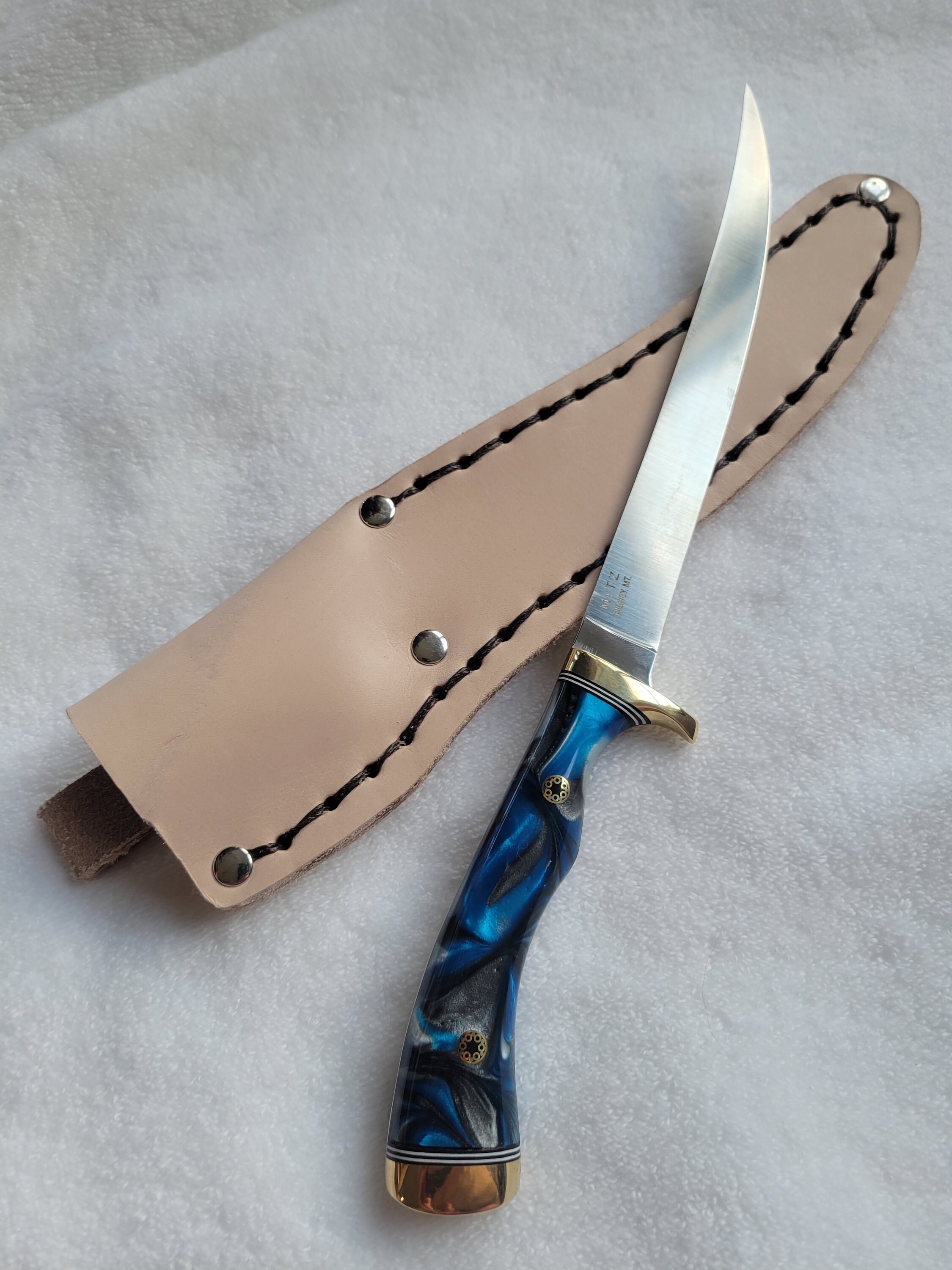 Handmade fillet knife with stainless steel blade & leather scabbard