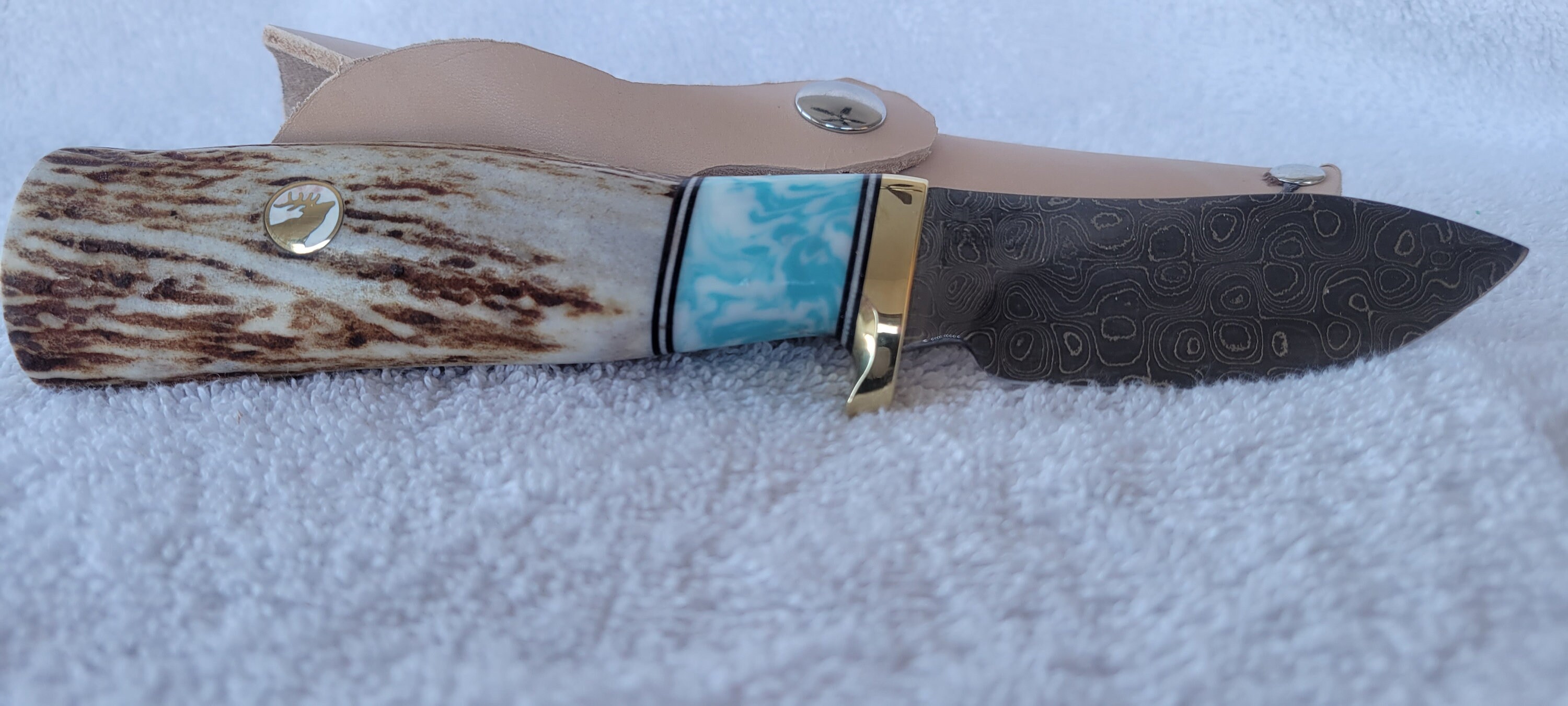 Made in Montana Hunting Knife white and turquoise spacer, and buffalo nickel in the end cap