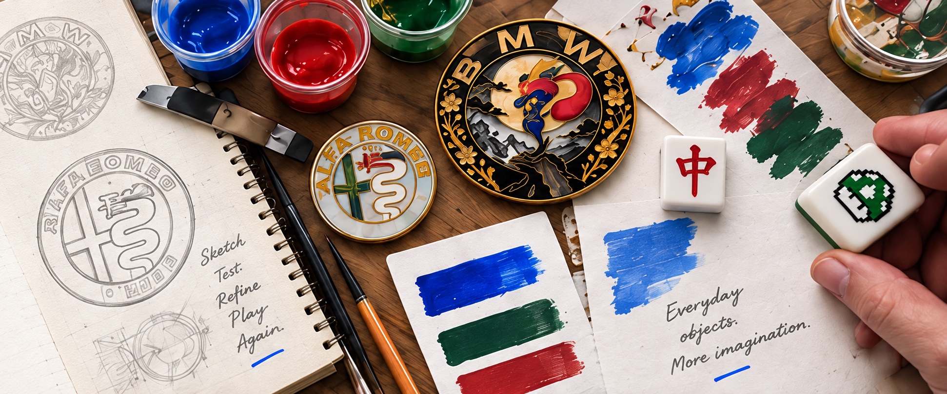 Sketches, hand painted emblems and paints at the studio desk