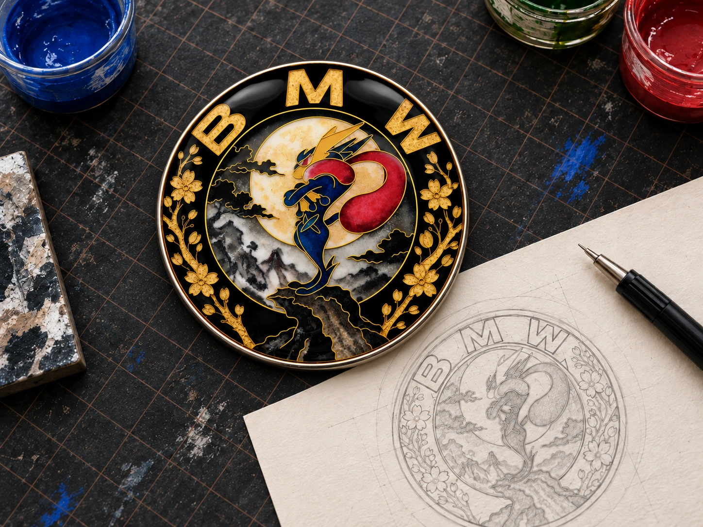 Handmade emblem, pencil sketch and paint jars