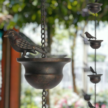 Potiwell Mobile Birds on Cups Rain Chain，Iron Elegant Little Bird Rain Catcher Chain(Limit discounts)