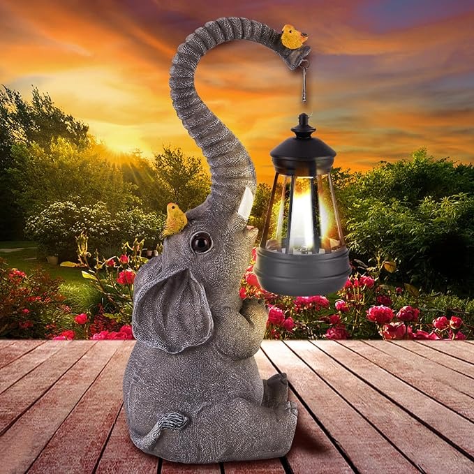 Solar Outdoor Garden Statues Lights, Elephant Figurines with Cute Birds Garden Sculpture Decor