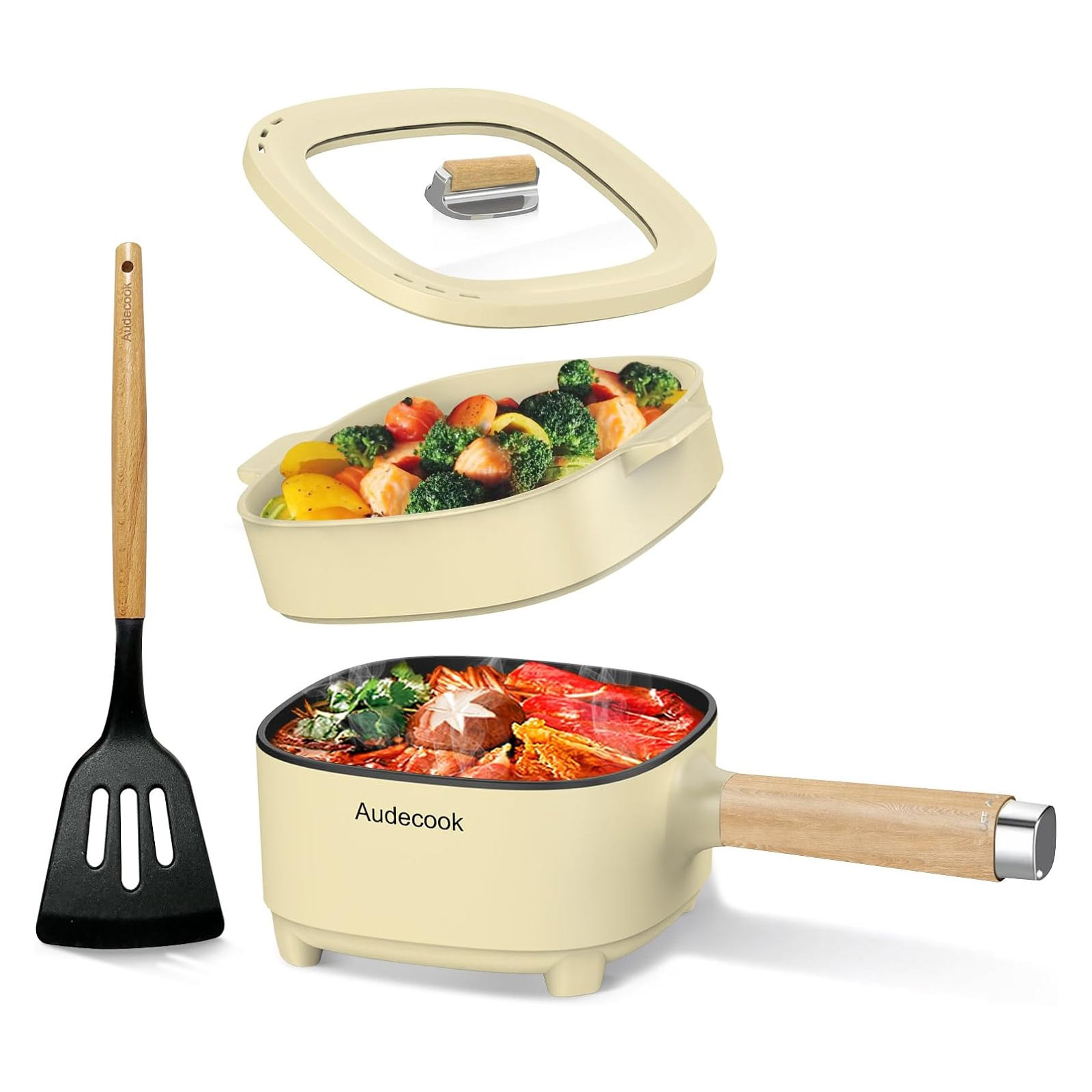 Audecook 2L Electric Hot Pot with 8-Inch Non-Stick Pan  - Beige