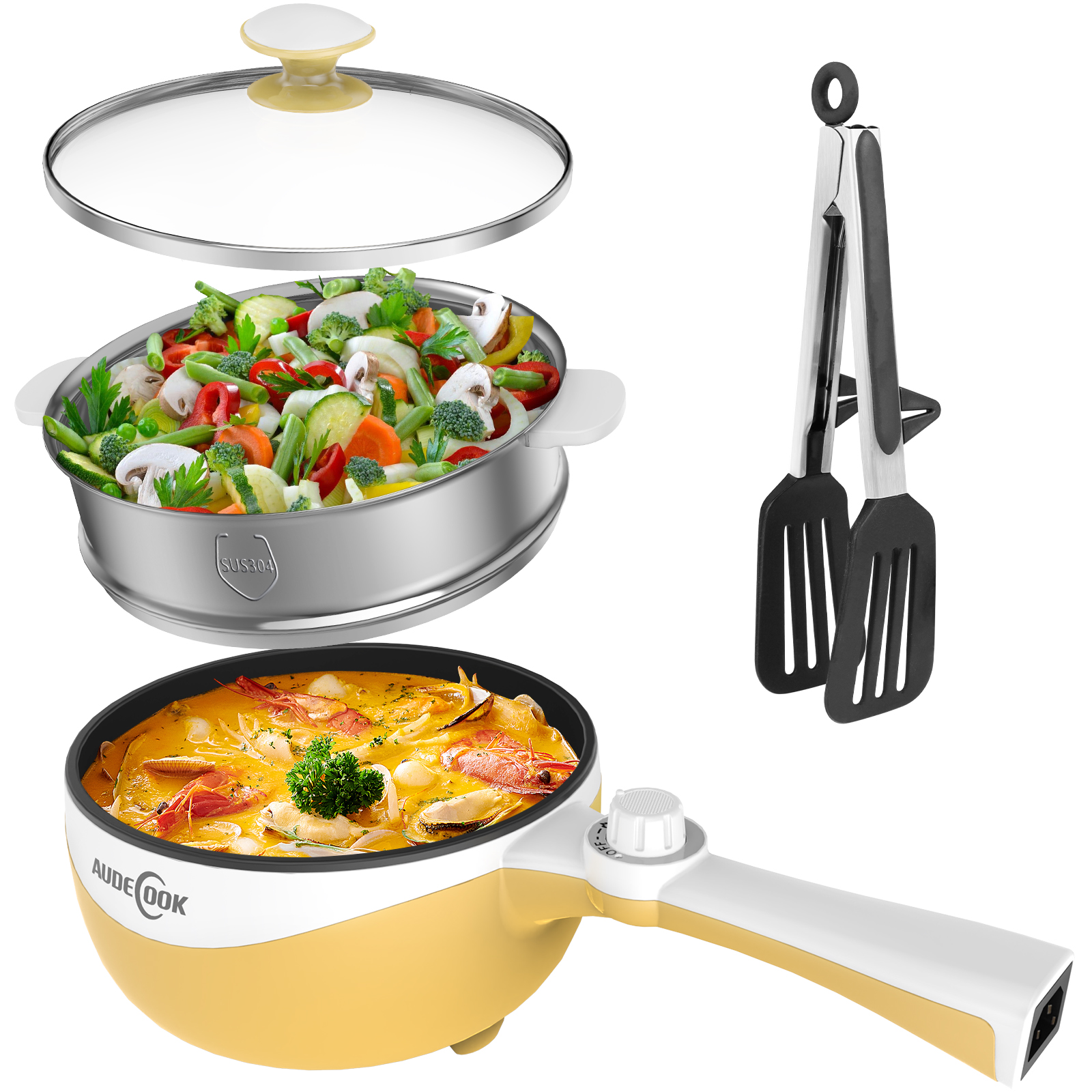 Audecook 1.7L Portable Electric Skillet – Nonstick Mini Hot Pot - Yellow · With Steamer