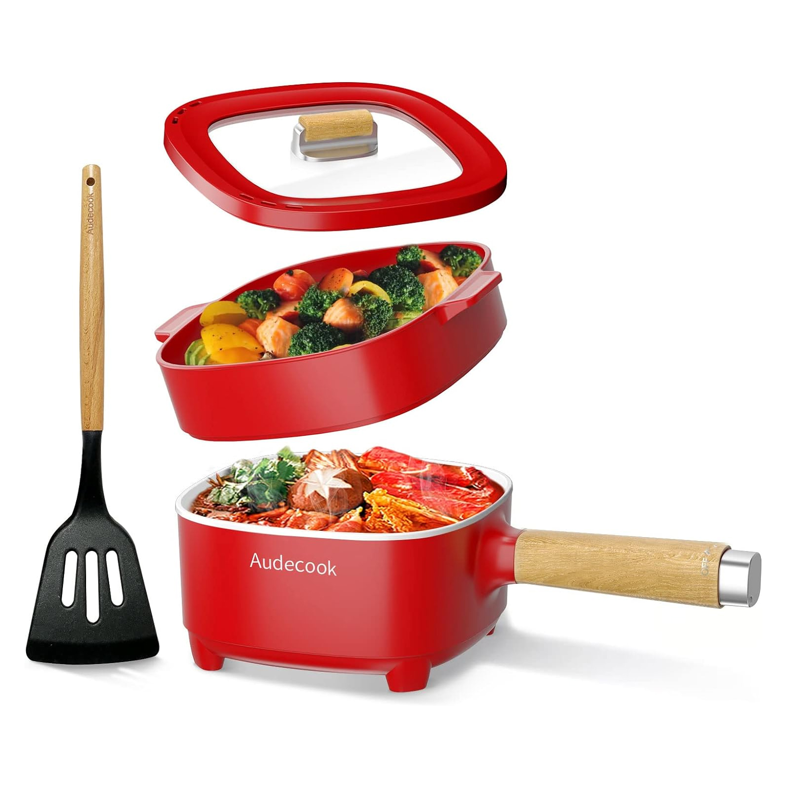 Audecook 2L Electric Hot Pot with 8-Inch Non-Stick Pan - Red