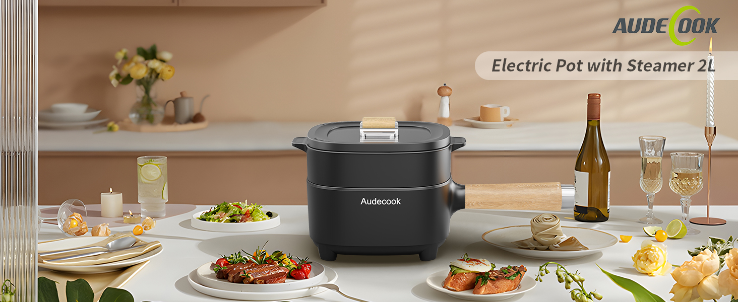 Audecook 2L Electric Hot Pot with 8Inch NonStick Pan Black
