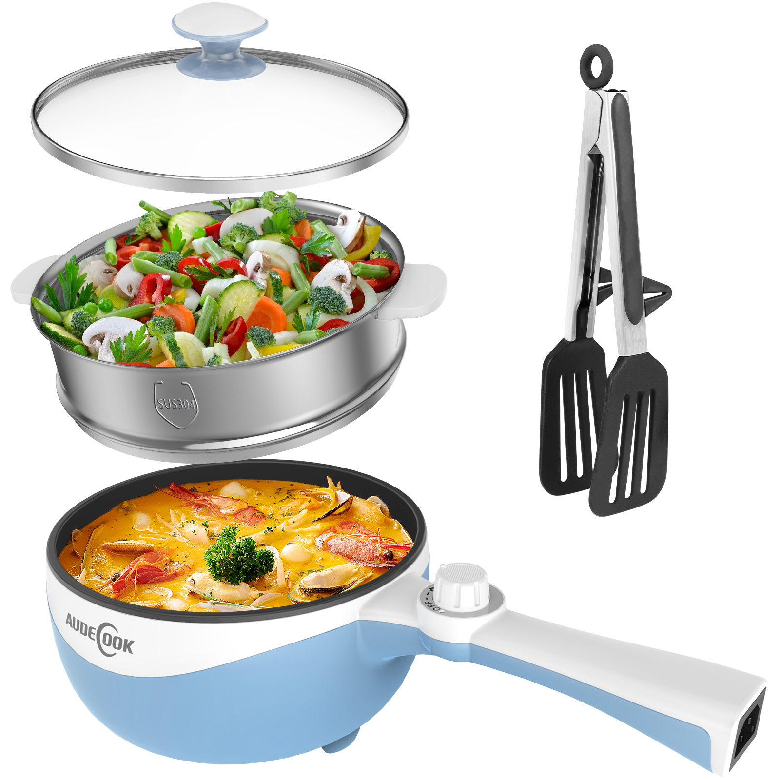 Audecook 1.7L Portable Electric Skillet – Nonstick Mini Hot Pot - Blue · With Steamer