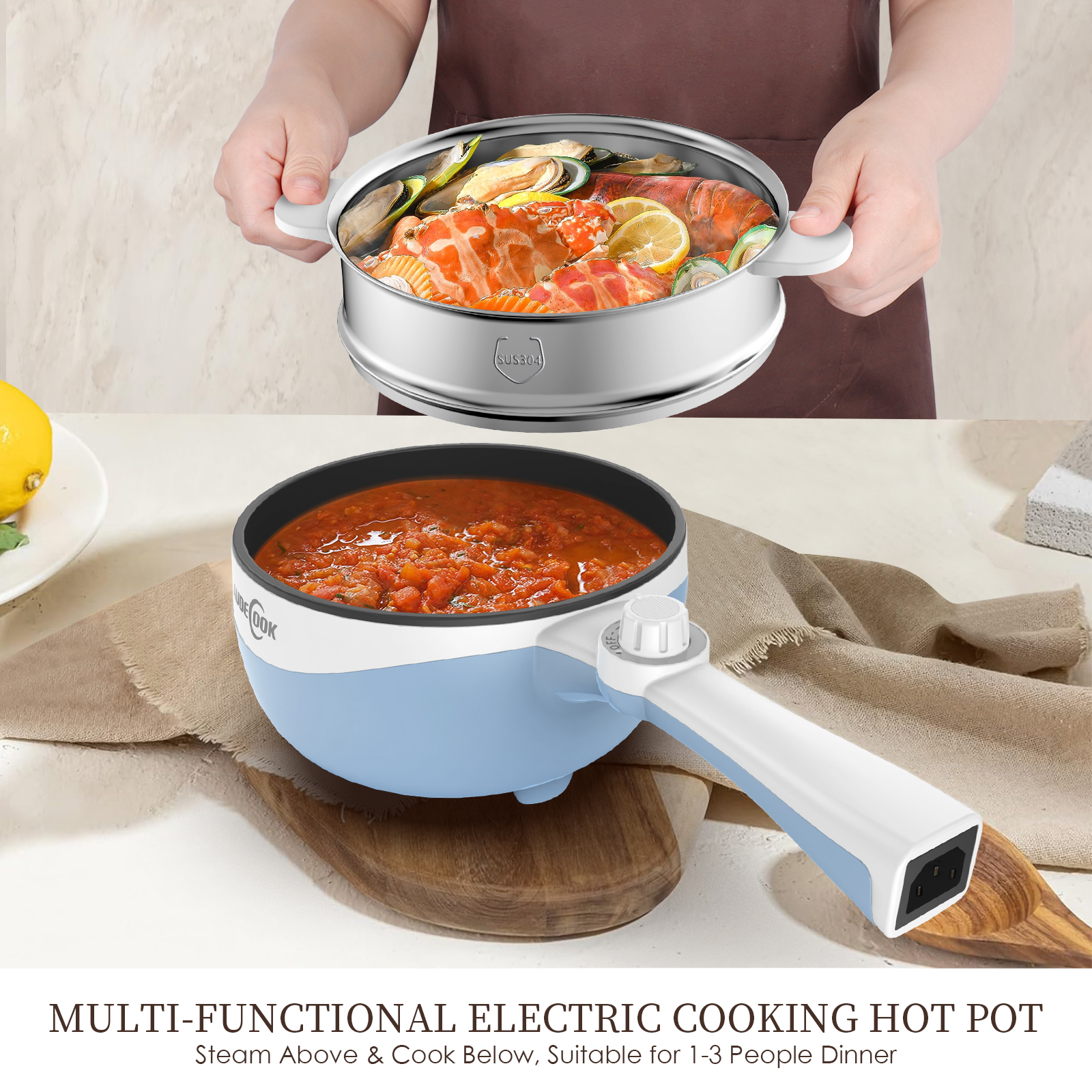 Audecook 1.7L Portable Electric Skillet – Nonstick Mini Hot Pot - Blue · With Steamer