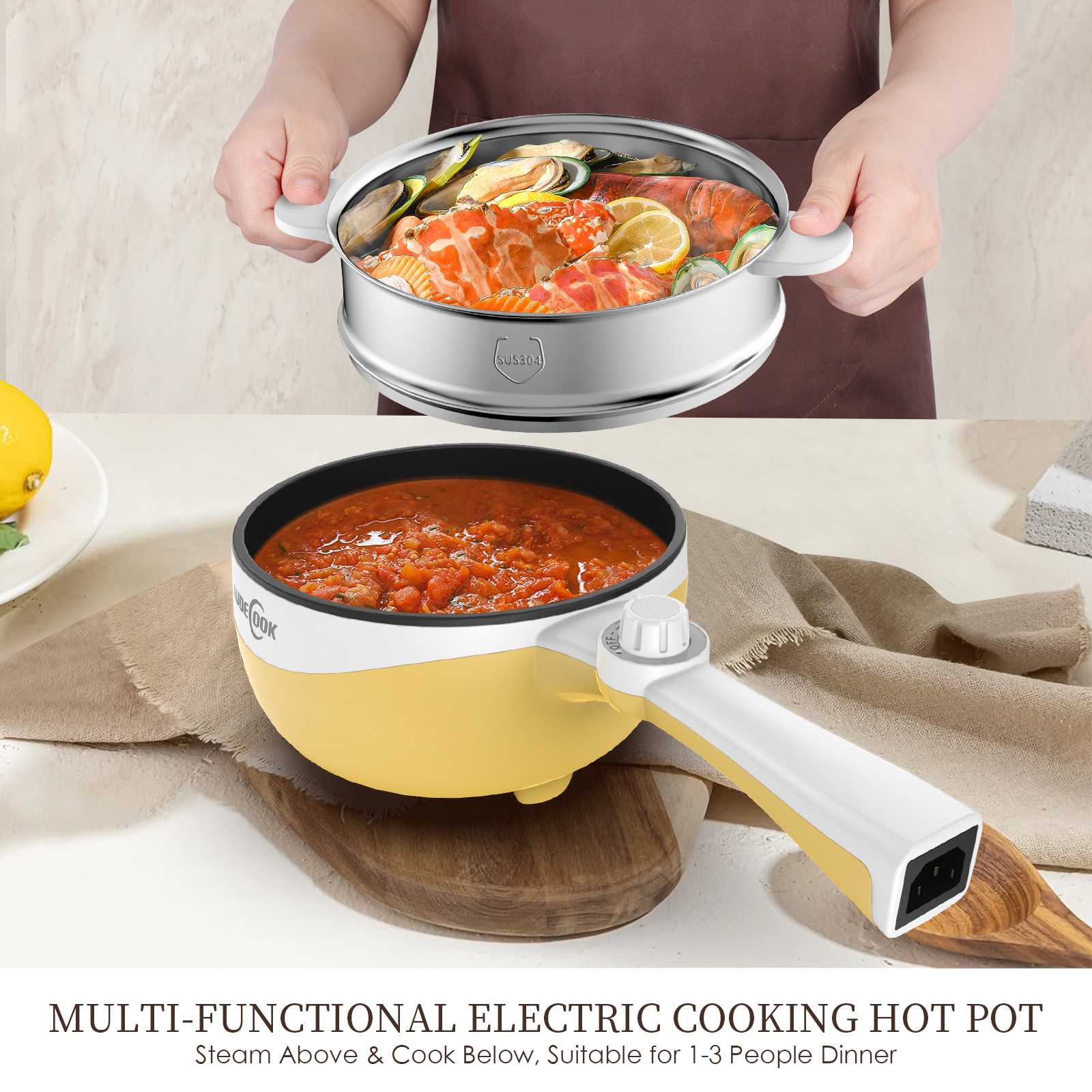 Audecook 1.7L Portable Electric Skillet – Nonstick Mini Hot Pot - Yellow · With Steamer