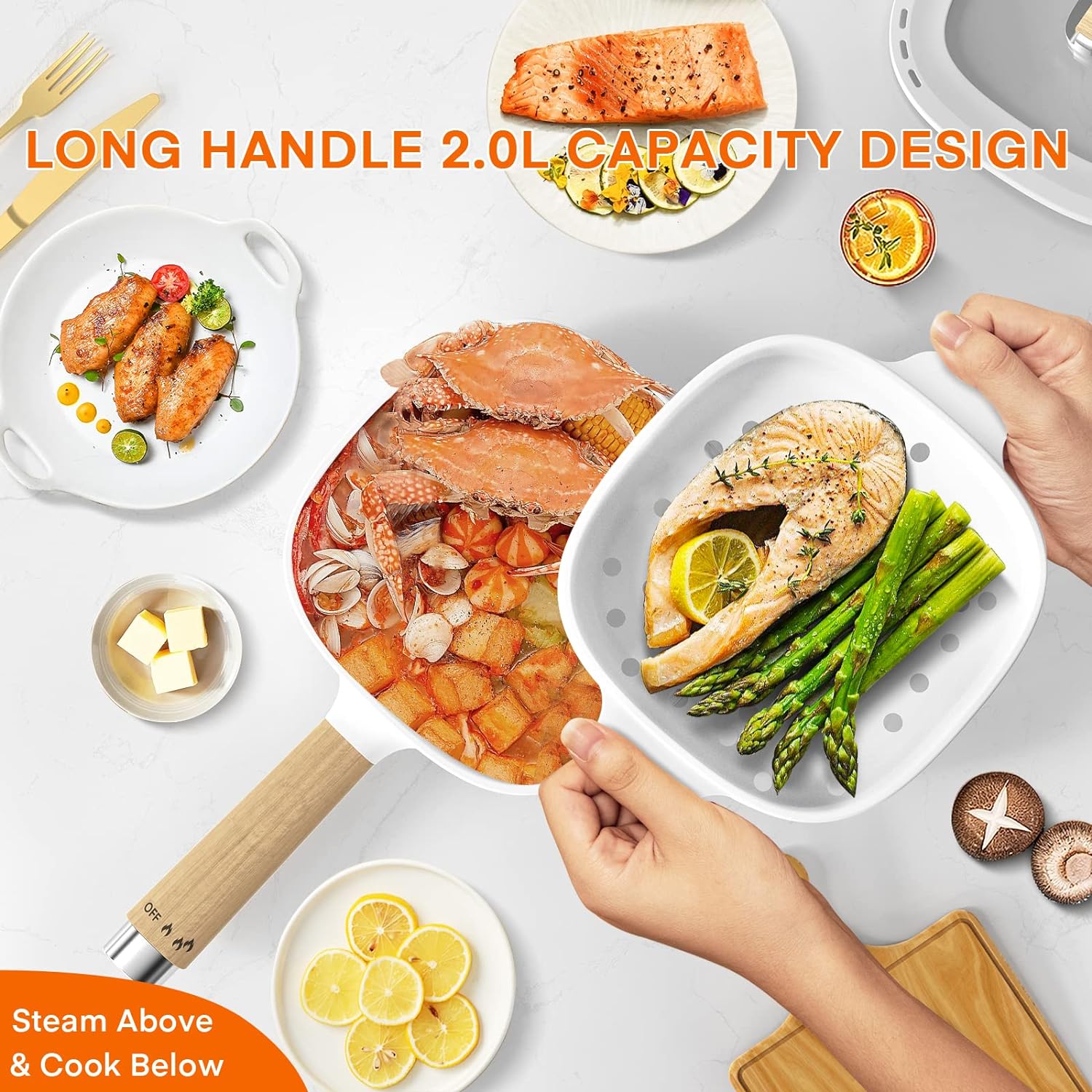 Audecook 2L Electric Hot Pot with 8-Inch Non-Stick Pan - White