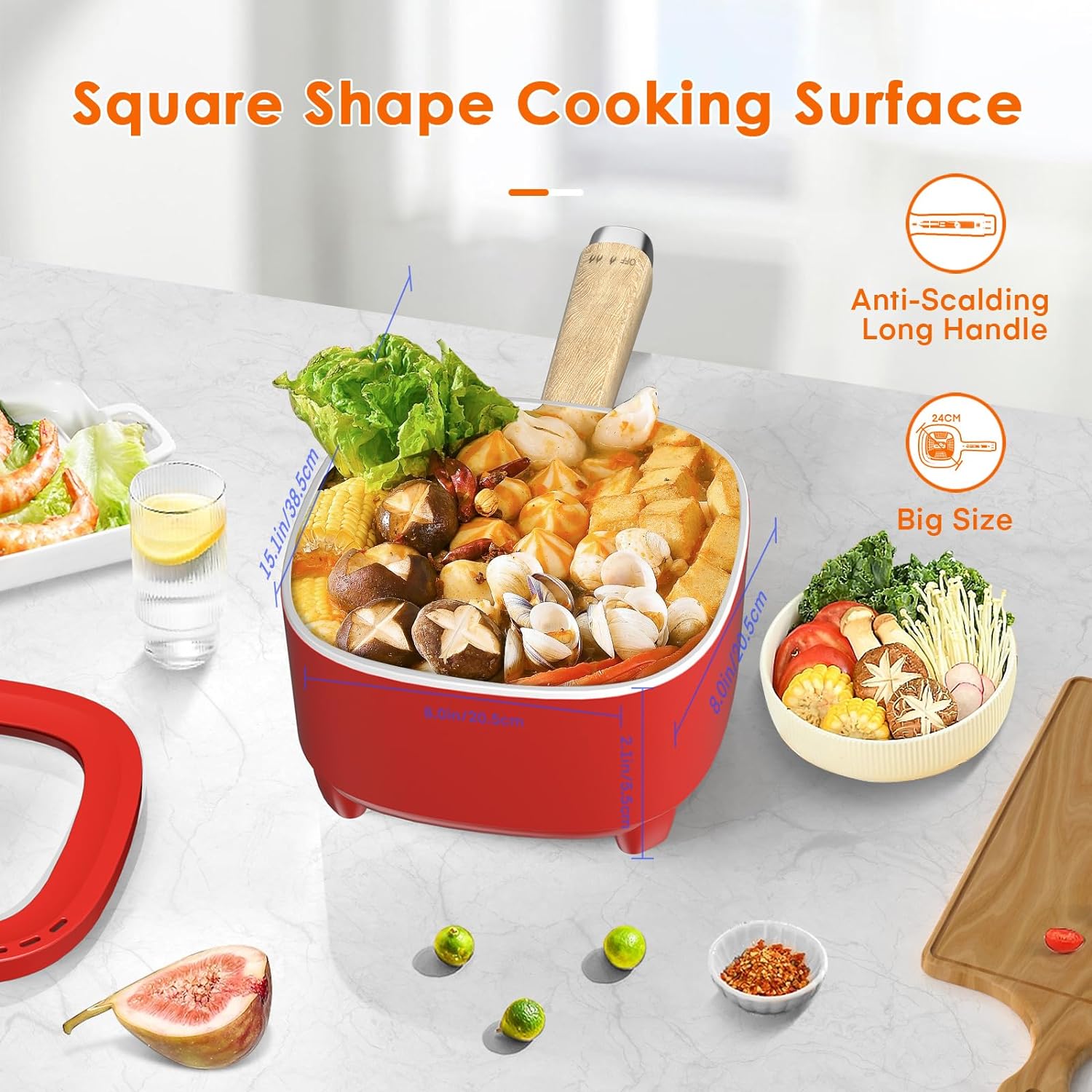 Audecook 2L Electric Hot Pot with 8-Inch Non-Stick Pan - Red