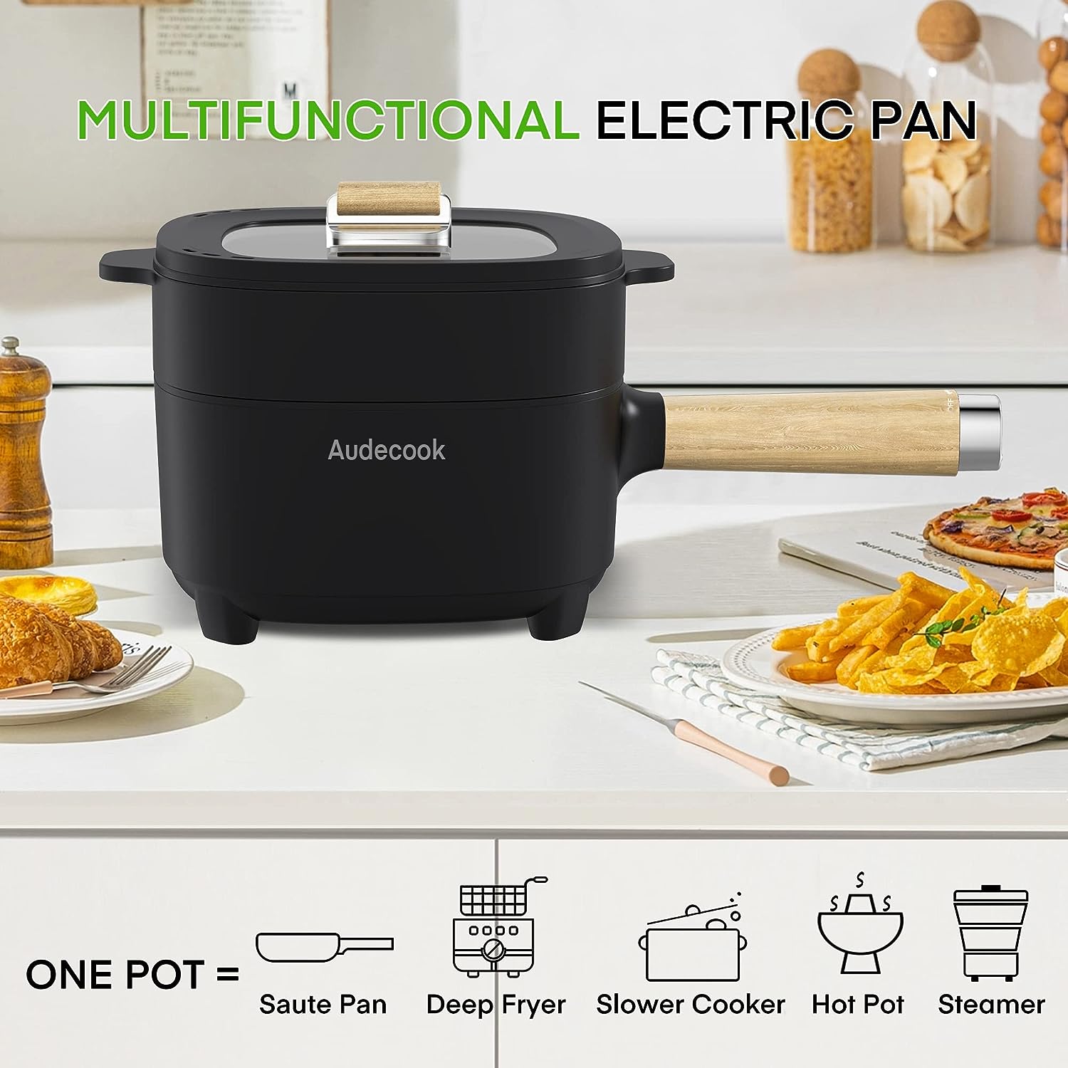 Audecook 2L Electric Hot Pot with 8-Inch Non-Stick Pan