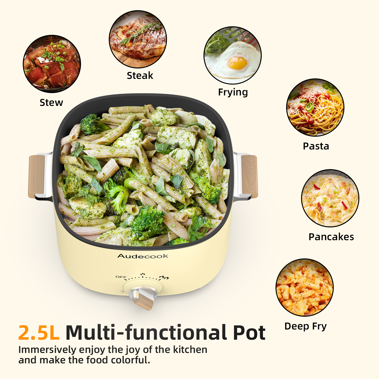 Audecook Hot Pot Electric With Steamer, 1.5L Portable Nonstick Rapid Noodles Cooker, Travel Electric Skillet With Dual Power Control For