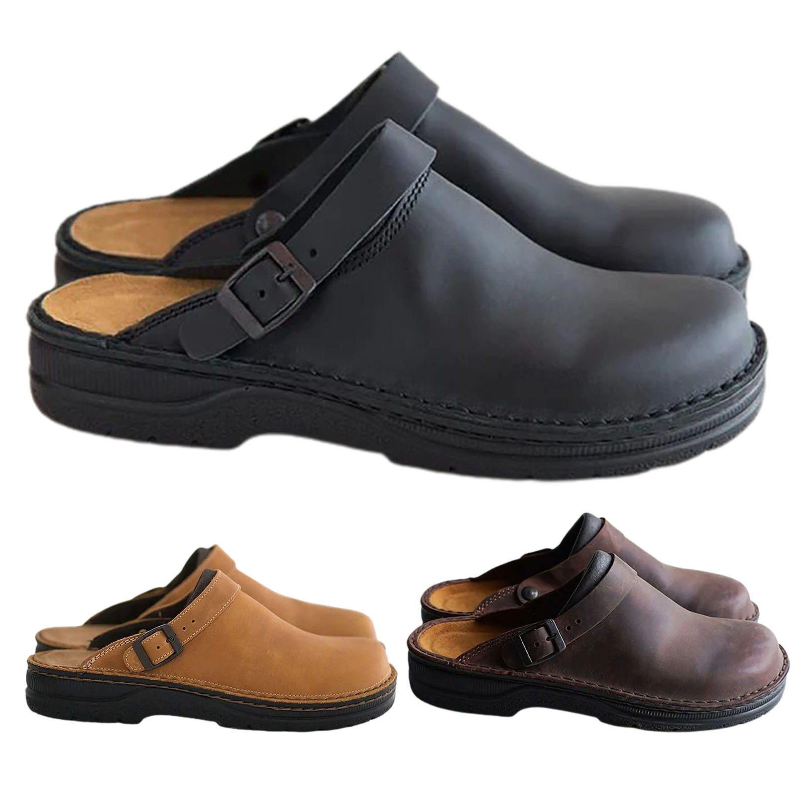 Large Square Toe Low Cut Men's Casual Plus Size Genuine Leather Slippers