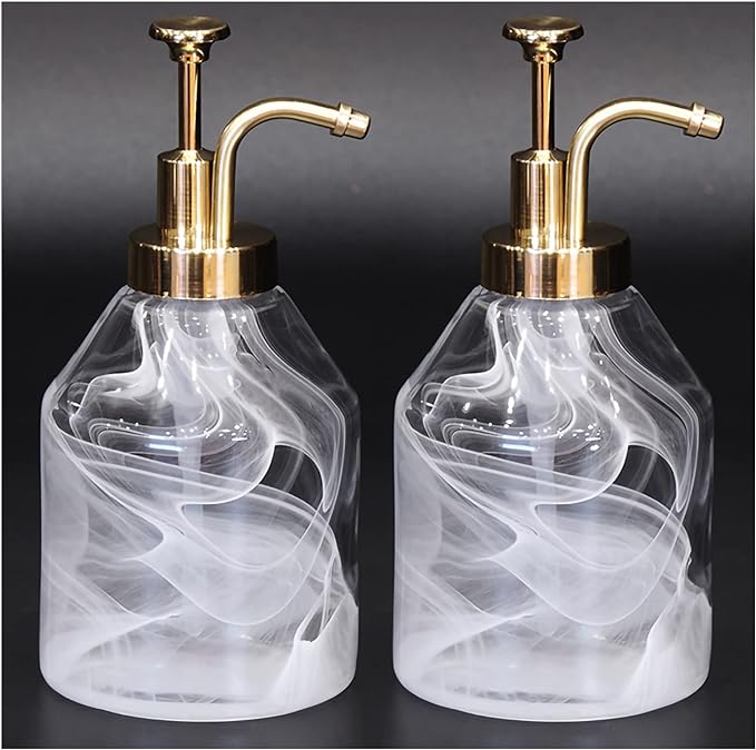 Bathroom Soap Dispenser Set 2pcs Value Pack 3D Smog Thick Glass Soap Bottle with Smooth Action Rust-Free ABS Pump,Luxury Kitchen Dish Soap Dispenser for Liquid Hand Lotion,Syrup-12.7Oz,Gold