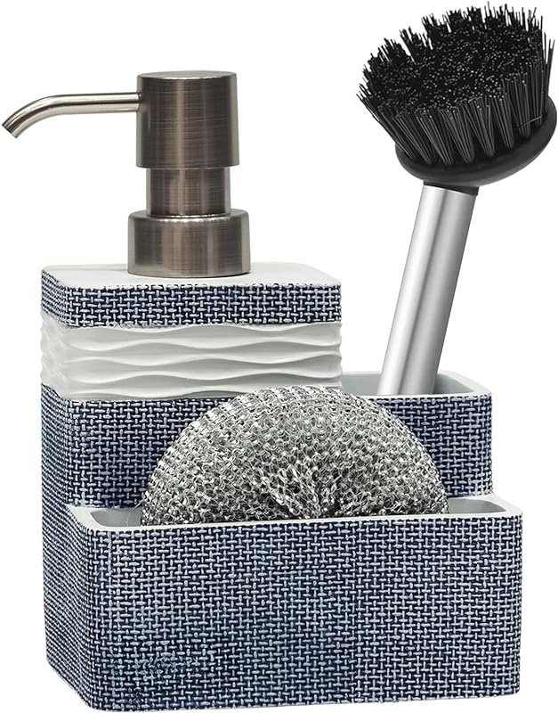 Kitchen dish soap dispenser with sponge Holder & Brush holder for Sink organize eco-friendly resin hand soap sponge dispenser 3 in 1 hold 11oz liquid dish soap, scrubber for bathroom-Brown & White