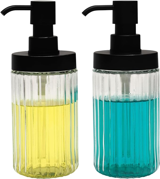 2-Pack Ribbed Glass Soap Dispenser Set for Bathroom & Kitchen Sink,Easy Refill Wide-Mouthed Soap Bottle with Matte Black Pump for Liquid Hand Dish Soap, Shower Gel, Shampoo-14.3 Oz, Clear