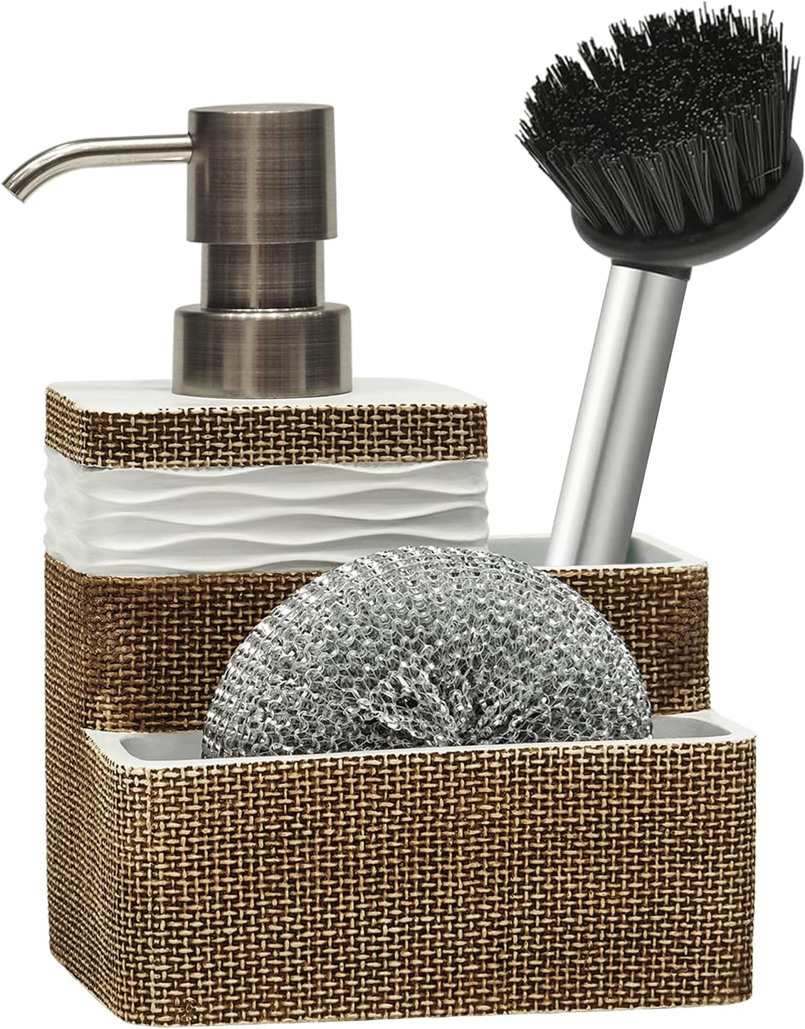 Kitchen dish soap dispenser with sponge Holder & Brush holder for Sink organize eco-friendly resin hand soap sponge dispenser 3 in 1 hold 11oz liquid dish soap, scrubber for bathroom-Brown & White