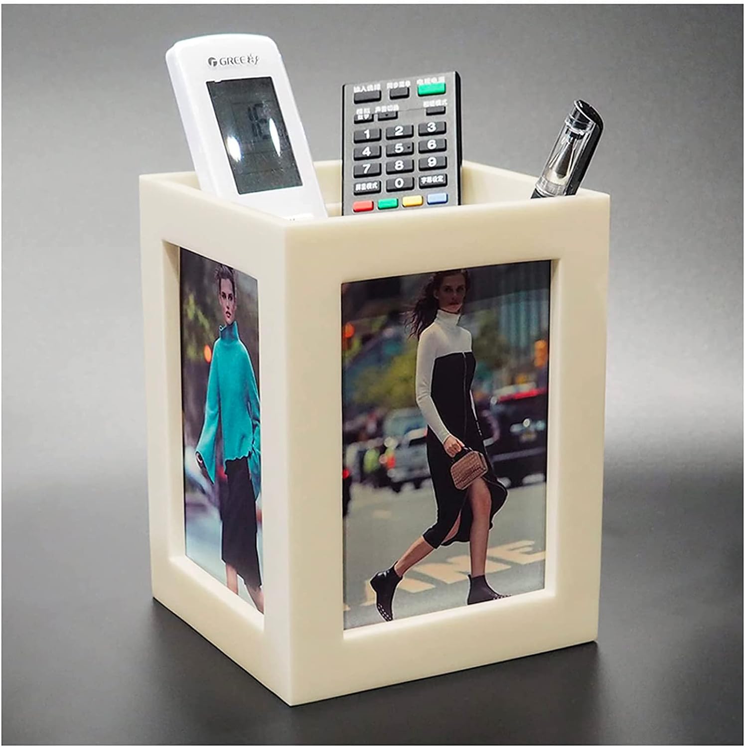 Photo Cube Desk Photo Frame Suitable for 4 Sheets 8.89cm X 12.70cm, Multi-Function Photo Frame Storage Box, Vase, Personalized Photo Gift, Suitable for Mother, France, Family and Office Decorations Photo Frame-C Milky White