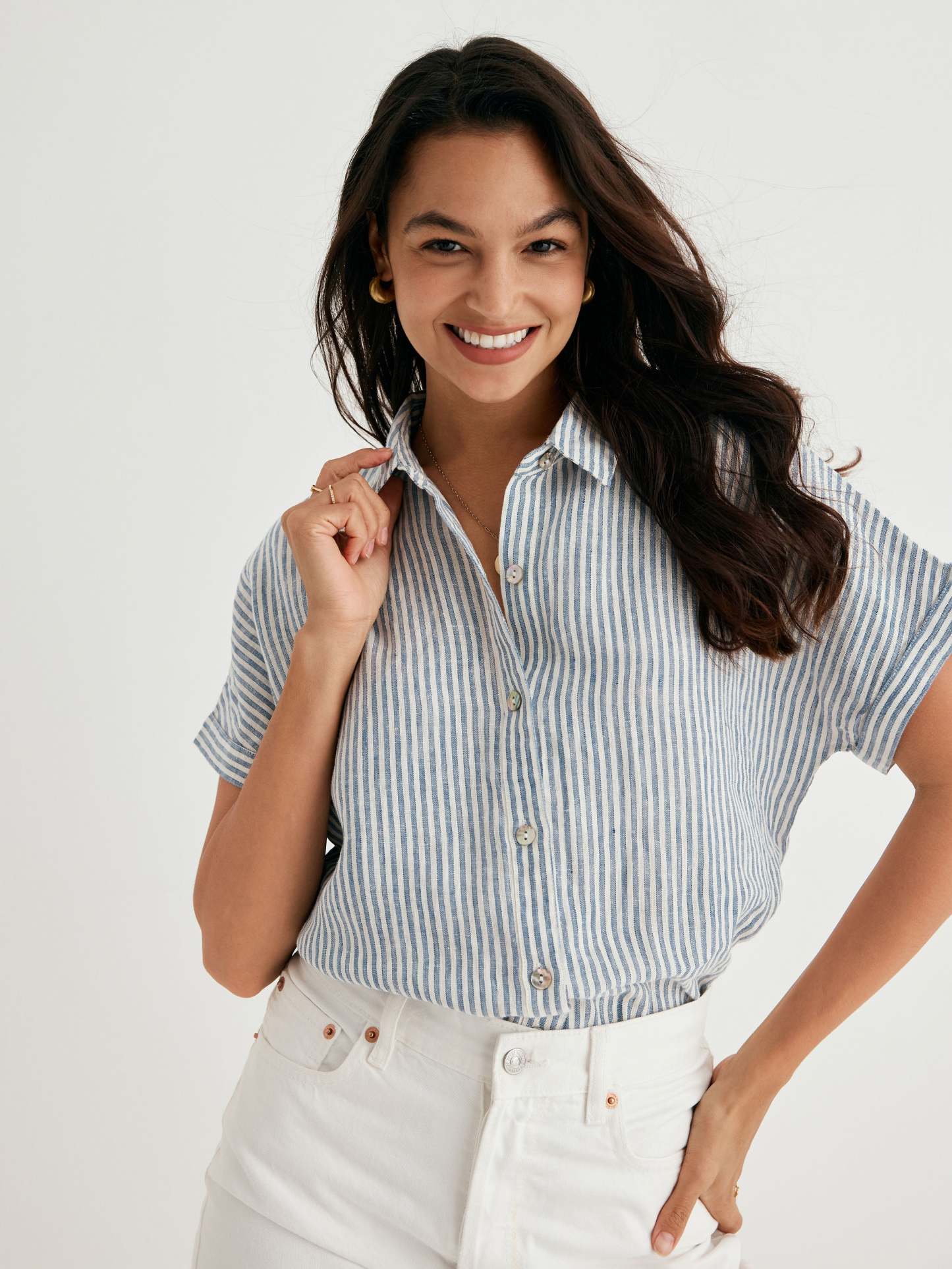 Cozinen 100% Linen Striped Classic Button-Front Shirt