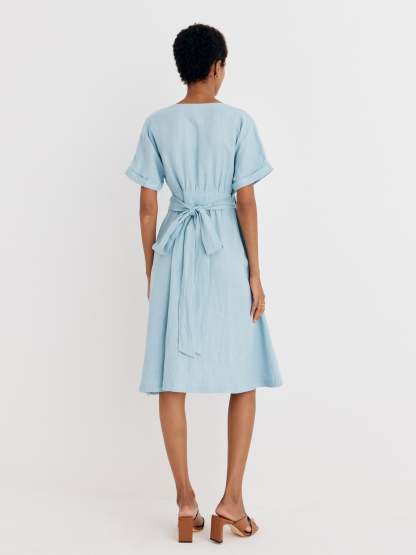 Cozinen 100% Linen Short Sleeve V-Neck A-Line Dress