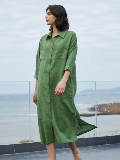 COZINEN Women's Casual lapel pocket solid color split shirt dress