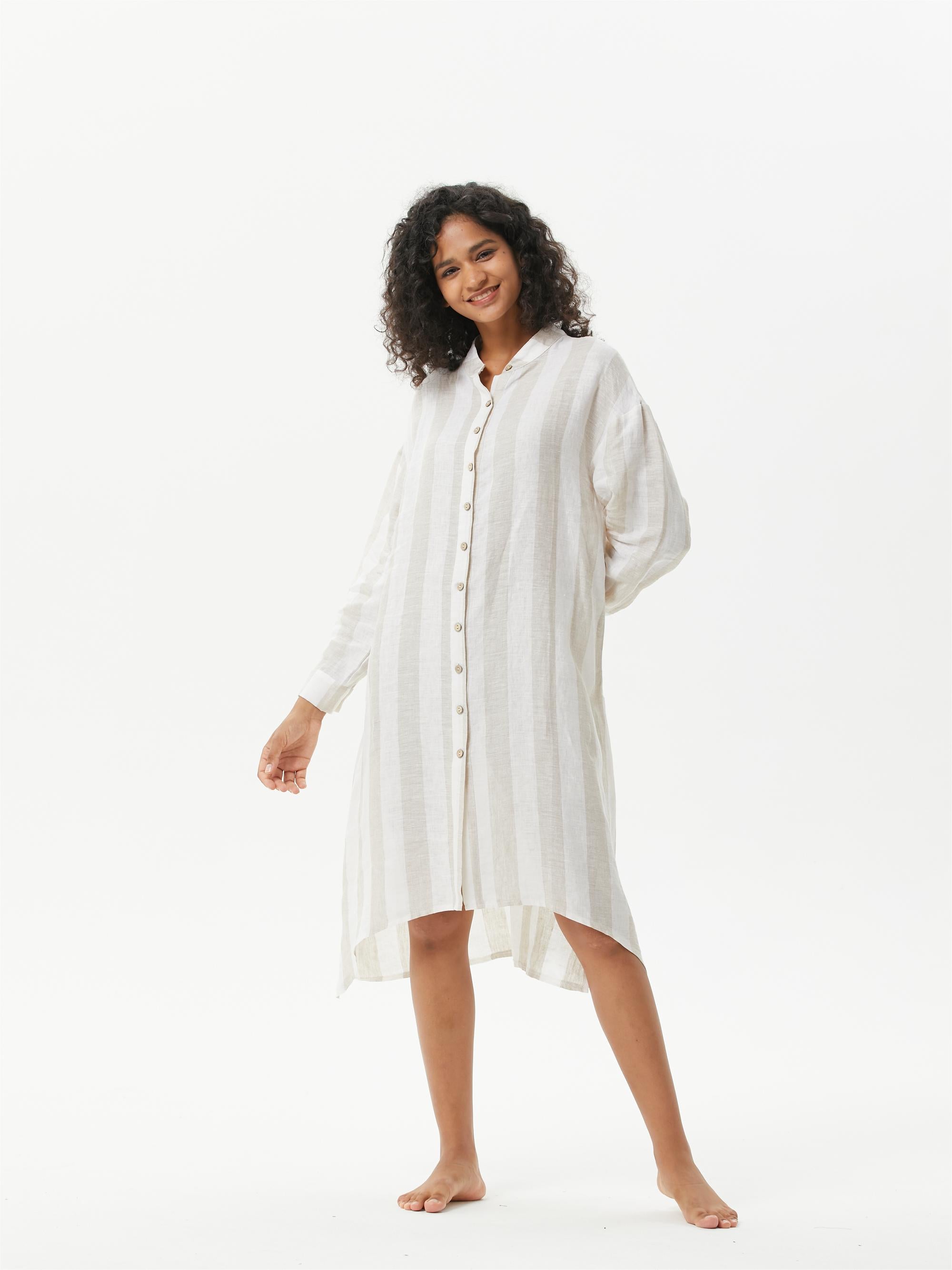 COZINEN Women's Wide Stripe Knee Side Pocket Long Shirt Dress – Cozinen