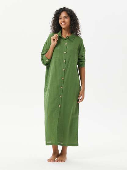 COZINEN Women's Casual lapel pocket solid color split shirt dress