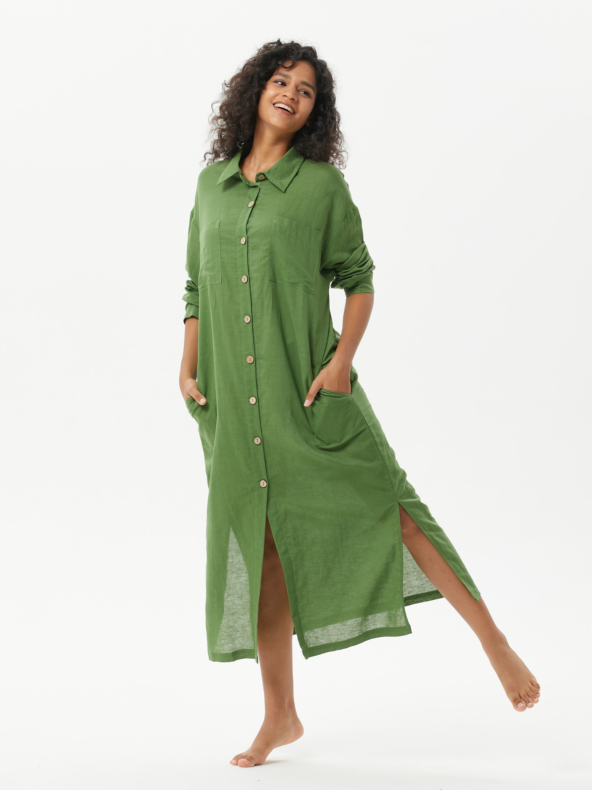 COZINEN Women's Casual lapel pocket solid color split shirt dress