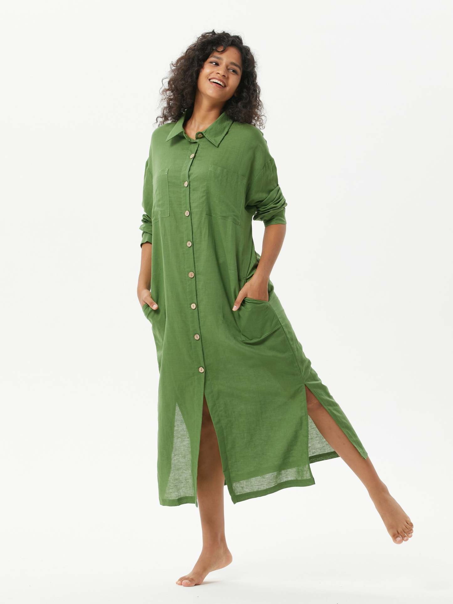 COZINEN Women's Casual lapel pocket solid color split shirt dress