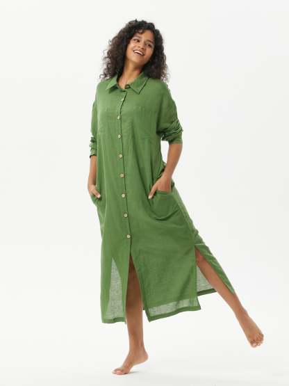 COZINEN Women's Casual lapel pocket solid color split shirt dress