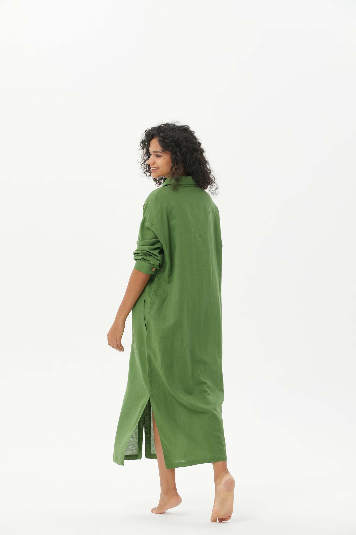 COZINEN Women's Casual lapel pocket solid color split shirt dress