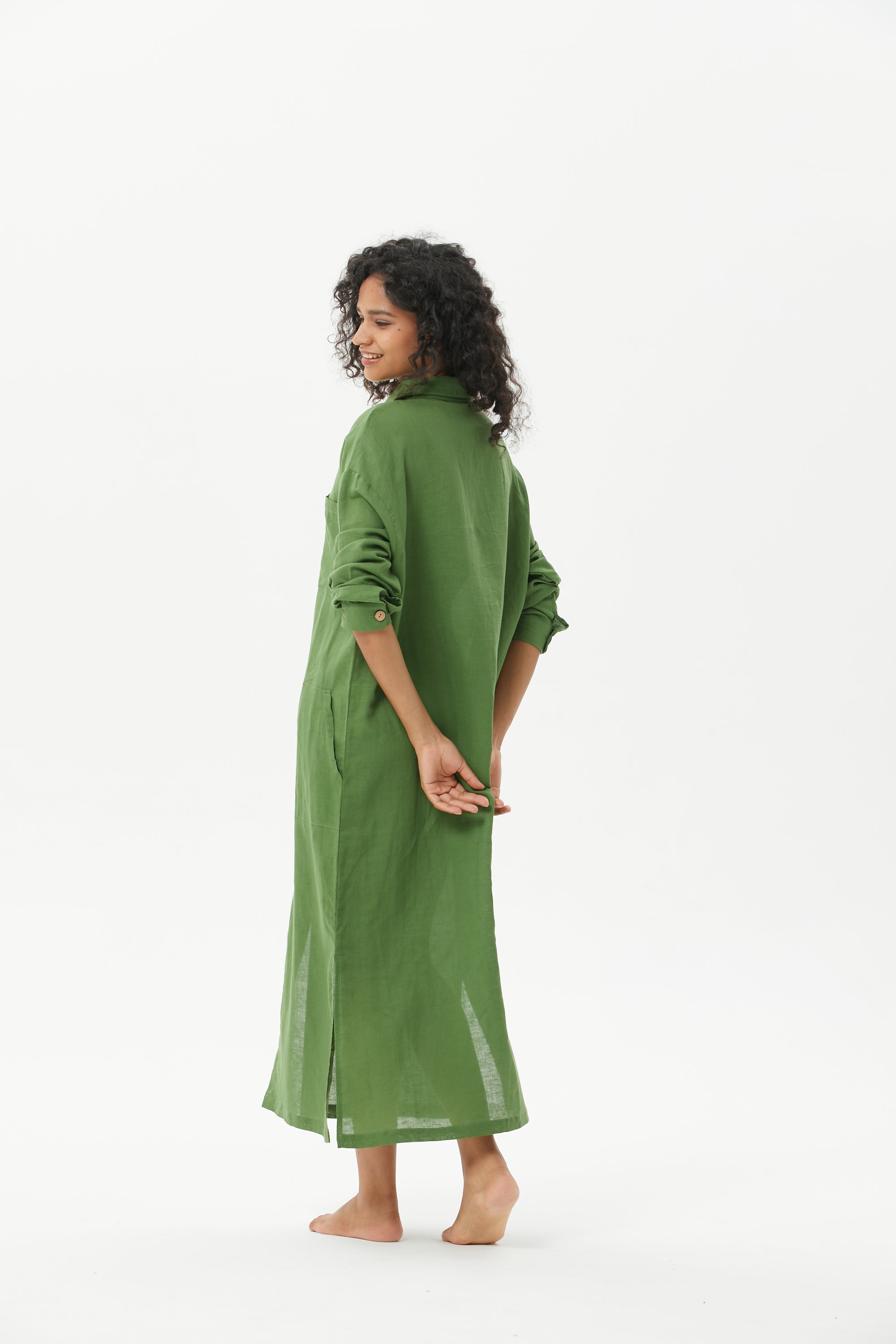 COZINEN Women's Casual lapel pocket solid color split shirt dress