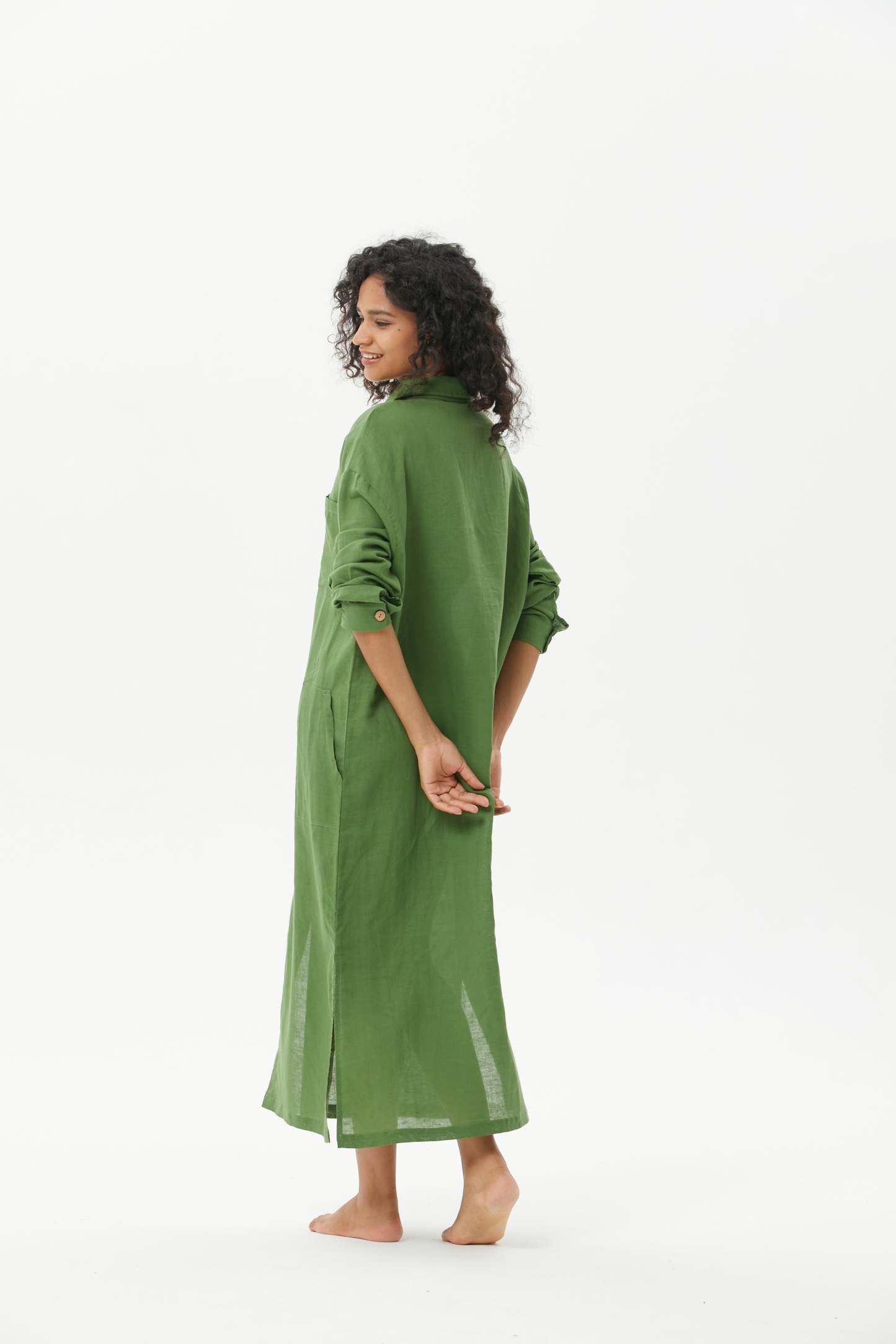 COZINEN Women's Casual lapel pocket solid color split shirt dress