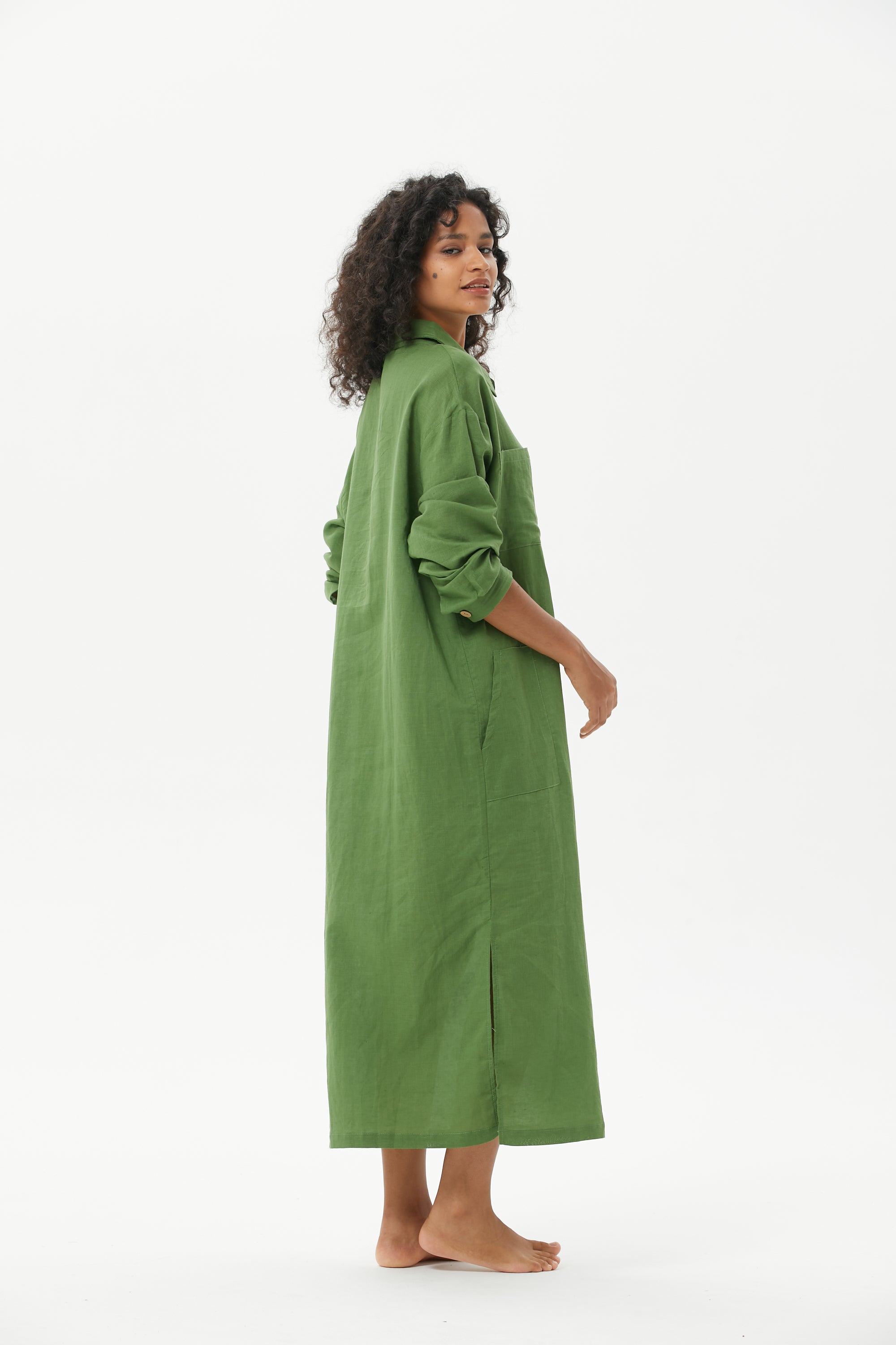 COZINEN Women's Casual lapel pocket solid color split shirt dress